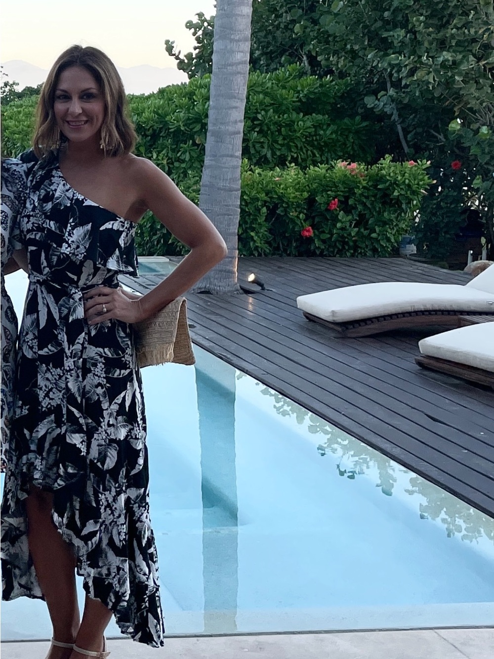 One-Shoulder Black & White Floral Midi Dress